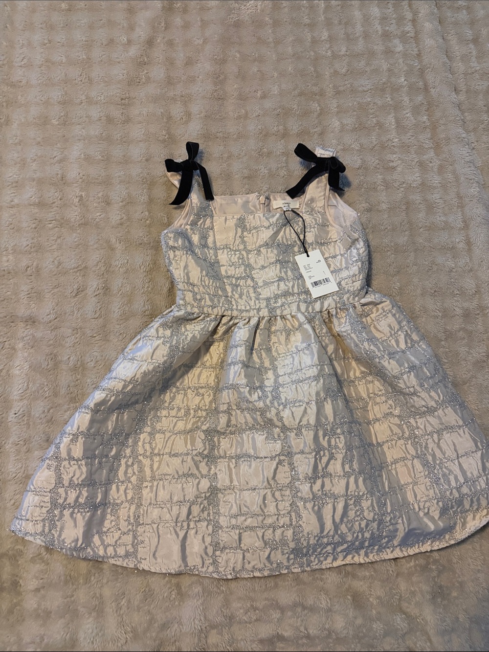 Girls Metallic Pink Silver Party Dress with Black Bow Straps